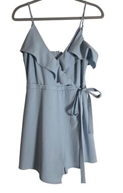 Blu Blush Womens Medium NWT Light Blue Ruffle Wrap Romper Tie Waist Dressy